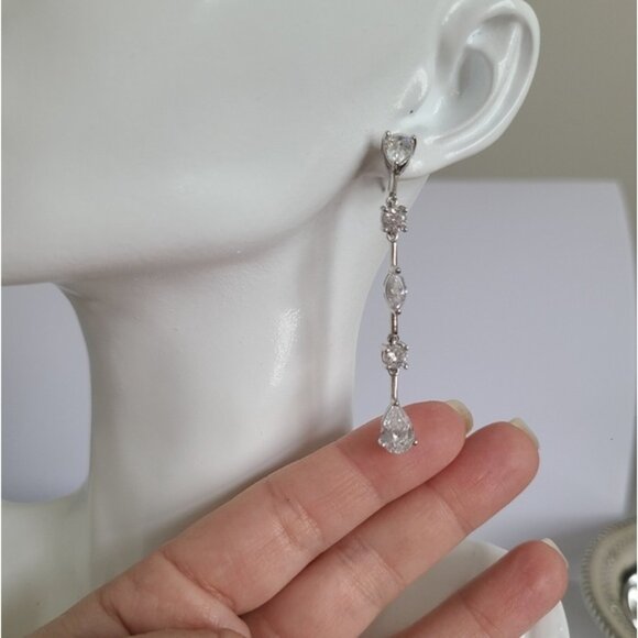 Vintage Sterling Silver Long Drop Crystal Elegant Formal Bridal Earrings - Picture 10 of 16